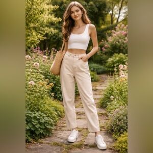 Vintage NY Line High Rise Straight Leg Jeans Beige 100% Cotton Size 14